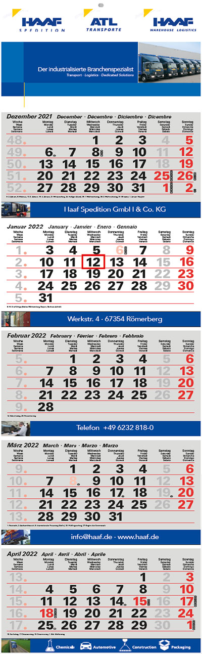 Wandkalender Standard Neutral 5 Monate